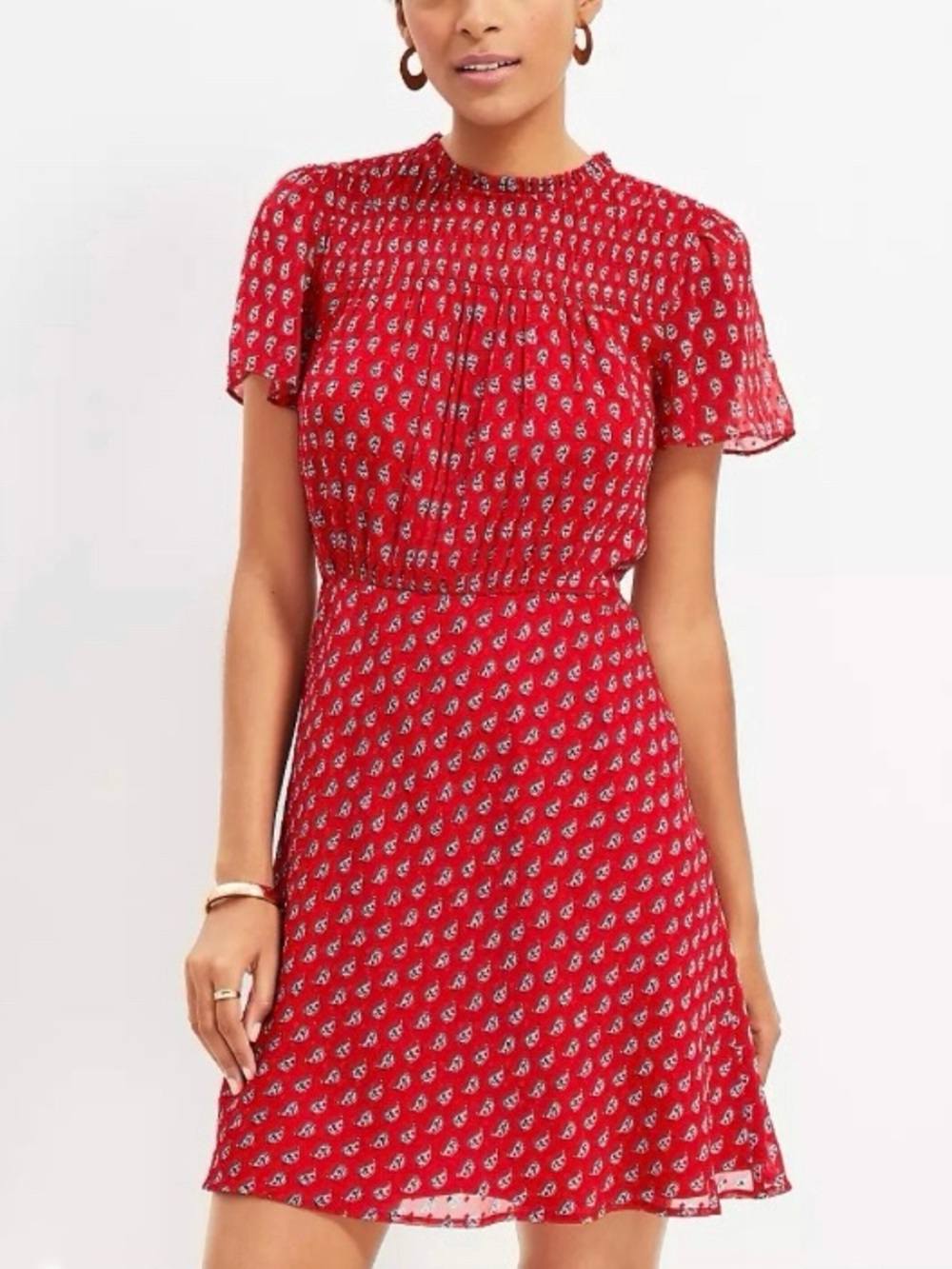NWT LOFT Paisley Clip Dot Smocked Yoke Flare Dress Red Short Sleeve 14 New